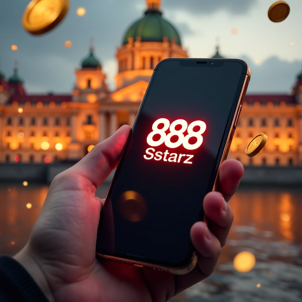 A premium smartphone held in a hand featuring the 888starz app, with the Palace of Culture and Science in Warsaw in the background, official red and white brand colors, 3D flying golden coins and roulette elements, cinematic lighting, 8k.